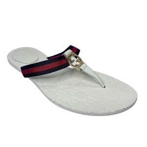 Gucci GG Web Stripe Thong Sandals EU 41 US 11 White Flip Flop Slide Flat Heel